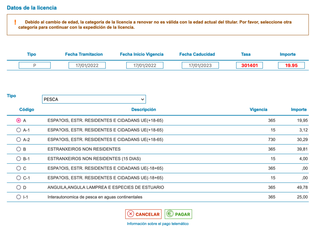 Licencia pesca continental online Galicia 5