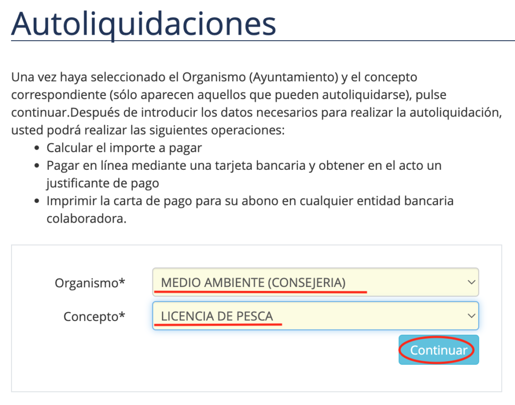 Pago tasas Licencia pesca continental online Canarias 3